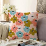 Pudra Zeminde Onedraw Çizimli Rengarenk Çiçek Desenli Modern Raşel Kadife Yastık Kırlent Kılıfı Realhomes