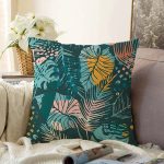 - Sonil-K-7264-Gorsel1 - Realhomes  Siyah Zeminde Renkli Yaprak Desenli Dijital Baskılı Modern Raşel Kadife Yastık Kırlent Kılıfı Realhomes
