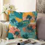 - Sonil-K-7265-Gorsel1 - Realhomes  Renkli Zemin Üzerinde Palmiye Desenli Dijital Baskılı Modern Raşel Kadife Yastık Kırlent Kılıfı Realhomes