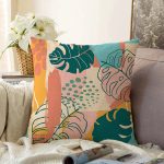 - Sonil-K-7267-Gorsel1 - Realhomes  Renkli Zemin Üzerinde Onedraw Çizimli Yapraklar Modern Raşel Kadife Yastık Kırlent Kılıfı Realhomes