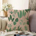- Sonil-K-7268-Gorsel1 - Realhomes  Pudra Zemin Üzerinde Yeşil Yapraklı Dijital Baskılı Modern Raşel Kadife Yastık Kırlent Kılıfı Realhomes