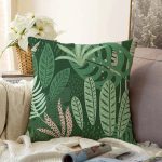 - Sonil-K-7269-Gorsel1 - Realhomes  Yeşil Zemin Üzerinde Onedraw Çizimli Yaprak Desenli Raşel Kadife Yastık Kırlent Kılıfı Realhomes