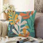 - Sonil-K-7296-Gorsel1 - Realhomes  Renkli Zemin Üzerinde Onedraw Çizimli Yaprak Motifli Raşel Kadife Yastık Kırlent Kılıfı Realhomes