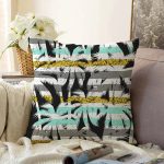 - Sonil-K-7300-Gorsel1 - Realhomes Beyaz Zemin Üzerinde Renkli Çizgli Yaprak Desenli Modern Raşel Kadife Yastık Kırlent Kılıfı Realhomes