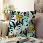 - Sonil-K-7302-Gorsel1 - Realhomes  Beyaz Zeminli Renkli Palmiye Desenli Dijital Baskılı Modern Raşel Kadife Yastık Kırlent Kılıfı Realhomes