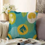 - Sonil-K-7304-Gorsel1 - Realhomes  Renkli Zemin Üzerinde Yaprak Motifli Dijital Baskılı Modern Raşel Kadife Yastık Kırlent Kılıfı Realhomes