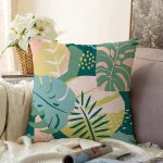 Renkli Zemin Üzerinde Soyut Çizimli Yaprak Motifli Modern Raşel Kadife Yastık Kırlent Kılıfı Realhomes