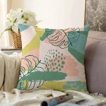 - Sonil-K-7315-Gorsel1 - Realhomes  Soft Renkli Zemin Üzerinde Onedraw Çizimli Yaprak Motifli Raşel Kadife Yastık Kırlent Kılıfı Realhomes