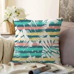 - Sonil-K-7321-Gorsel1 - Realhomes  Beyaz Zemin Üzerinde Renkli Çizgli Yaprak Desenli Modern Raşel Kadife Yastık Kırlent Kılıfı Realhomes