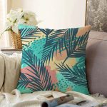 - Sonil-K-7322-Gorsel1 - Realhomes  Renkli Zemin Üzerinde Onedraw Çizimli Yaprak Motifli Raşel Kadife Yastık Kırlent Kılıfı Realhomes