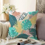 - Sonil-K-7323-Gorsel1 - Realhomes  Beyaz Zeminli Renkli Yaprak Desenli Dijital Baskılı Modern Raşel Kadife Yastık Kırlent Kılıfı Realhomes
