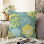 - Sonil-K-7327-Gorsel1 - Realhomes  Renkli Zemin Üzerinde Onedraw Çizimli Yaprak Motifli Raşel Kadife Yastık Kırlent Kılıfı Realhomes