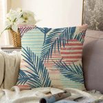 - Sonil-K-7328-Gorsel1 - Realhomes  Renkli Zemin Üzerinde Onedraw Çizimli Yaprak Motifli Raşel Kadife Yastık Kırlent Kılıfı Realhomes