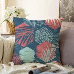 - Sonil-K-7331-Gorsel1 - Realhomes  Renkli Zemin Üzerinde Yaprak Motifli Dijital Baskılı Modern Raşel Kadife Yastık Kırlent Kılıfı Realhomes