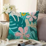- Sonil-K-7353-Gorsel1 - Realhomes  Renkli Zemin Üzerinde Yaprak Motifli Dijital Baskılı Modern Raşel Kadife Yastık Kırlent Kılıfı Realhomes