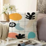 - Sonil-K-7387-Gorsel1 - Realhomes  Renkli Zemin Üzerinde Onedraw Çizimli Yaprak Motifli Raşel Kadife Yastık Kırlent Kılıfı Realhomes