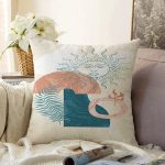 - Sonil-K-7406-Gorsel1 - Realhomes Renkli Zeminde Onedraw Çizimli Yaprak Desenli Dijital Baskılı Modern Raşel Kadife Yastık Kılıfı Realhomes