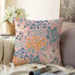 - Sonil-K-7441-Gorsel1 - Realhomes  Rengarenk Zeminde Onedraw Çizimli Çiçek Desenli Dijital Baskılı Modern Raşel Kadife Kırlent Kılıfı Realhomes