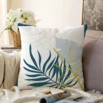 - Sonil-K-7458-Gorsel1 - Realhomes  Beyaz Zeminde Onedraw Çizimli Yaprak Desenli Dijital Baskılı Modern Raşel Kadife Kırlent Kılıfı Realhomes