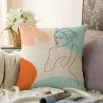 - Sonil-K-7474-Gorsel1 - Realhomes  Renkli Zeminli Onedraw Çizimli Bayan Desenli Dijital Baskılı Modern Raşel Kadife Kırlent Kılıfı Realhomes