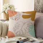 - Sonil-K-7477-Gorsel1 - Realhomes  Renkli Zeminli Onedraw Çizimli Yaprak Desenli Dijital Baskılı Modern Raşel Kadife Yastık Kılıfı Realhomes