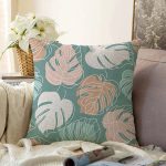 - Sonil-K-7478-Gorsel1 - Realhomes  Renkli Zeminli Yaprak Desenli Dijital Baskılı Modern Raşel Kadife Yastık Kırlent Kılıfı Realhomes