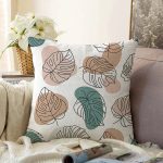 - Sonil-K-7480-Gorsel1 - Realhomes  Beyaz Zeminli Onedraw Çizimli Yaprak Motifli Dijital Baskılı Modern Raşel Kadife Kırlent Kılıfı Realhomes