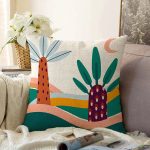 Renkli Zeminli Palmiye Desenli Dijital Baskılı Modern Raşel Kadife Yastık Kırlent Kılıfı Realhomes