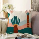 Renkli Zeminli Palmiye Desenli Dijital Baskılı Modern Raşel Kadife Yastık Kırlent Kılıfı Realhomes