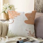 - Sonil-K-7509-Gorsel1 - Realhomes  Beyaz Zeminli Onedraw Çizimli Yaprak Motifli Dijital Baskılı Modern Raşel Kadife Kırlent Kılıfı Realhomes