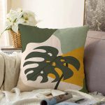 Renkli Zeminli Onedraw Çizimli Yaprak Desenli Dijital Baskılı Modern Raşel Kadife Yastık Kılıfı Realhomes