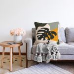 Renkli Zeminli Onedraw Çizimli Yaprak Desenli Dijital Baskılı Modern Raşel Kadife Yastık Kılıfı Realhomes