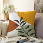 Renkli Zeminli Onedraw Çizimli Yaprak Desenli Dijital Baskılı Modern Raşel Kadife Yastık Kılıfı Realhomes