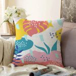 Beyaz Zeminli Renkli Onedraw Çizimli Dijital Baskılı Modern Raşel Kadife Yastık Kırlent Kılıfı Realhomes