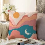 Pastel Renkli Zeminli Ay Güneş Temalı Dijital Baskılı Modern Raşel Kadife Yastık Kırlent Kılıfı Realhomes