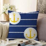 - Sonil-K-7601-Gorsel1 - Realhomes  Lacivert Zemin Üzerinde Çapa Çizimli Dijital Baskılı Modern Raşel Kadife Yastık Kırlent Kılıfı Realhomes