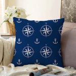 - Sonil-K-7629-Gorsel1 - Realhomes  Lacivert Zemin Üzerinde Modern Pusula Desenli Dijital Baskılı Modern Raşel Kadife Yastık Kılıfı Realhomes
