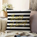 - Sonil-K-7696-Gorsel1 - Realhomes  Beyaz Zemin Üzerinde Siyah Çizgili Gold Yazılı Happy Holidays Yazılı Raşel Kadife Yastık Kılıfı Realhomes
