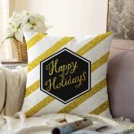- Sonil-K-7701-Gorsel1 - Realhomes  Beyaz Zemin Üzerinde Gold Detaylı Happy Holidays Yazılı Raşel Kadife Yastık Kırlent Kılıfı Realhomes