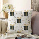 - Sonil-K-7717-Gorsel1 - Realhomes  Beyaz Zemin Üzerinde Gold Detaylı Hediye Paketi Desenli Raşel Kadife Yastık Kırlent Kılıfı Realhomes