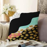 Renkli Zemin Üzerinde Gold Detaylı Modern Desenli Modern Raşel Kadife Yastık Kırlent Kılıfı Realhomes