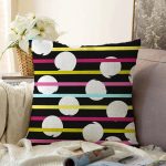 Siyah Zemin Üzerinde Modern Çizgili Beyaz Puantiyeli Raşel Kadife Yastık Kırlent Kılıfı Realhomes