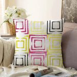 Beyaz Zemin Üzerinde Renkli Geometrik Desenli Dijital Baskılı Modern Raşel Kadife Yastık Kılıfı Realhomes