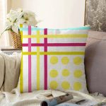 Beyaz Zemin Üzerinde Modern Renkli Çizgili Sarı Puantiyeli Raşel Kadife Yastık Kırlent Kılıfı Realhomes