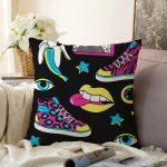 Siyah Zeminli Renkli Ayakkabı Desenli Dijital Baskılı Modern Raşel Kadife Yastık Kırlent Kılıfı Realhomes