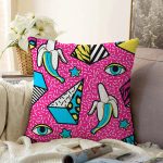 Pembe Zeminli Modern Renkli Desenli Dijital Baskılı Modern Raşel Kadife Yastık Kırlent Kılıfı Realhomes