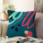 - Sonil-K-7878-Gorsel1 - Realhomes  Renkli Zemin Üzerinde Soyut Çizimli Modern Geometrik Desen Raşel Kadife Yastık Kırlent Kılıfı Realhomes