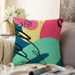 - Sonil-K-7884-Gorsel1 - Realhomes  Renkli Zemin Üzerinde Soyut Çizimli Modern Geometrik Desen Raşel Kadife Yastık Kırlent Kılıfı Realhomes