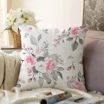 Pembe Beyaz Gül Gri Yapraklar Desenli Dijital Baskılı Modern Raşel Kadife Yastık Kırlent Kılıfı Realhomes