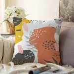 Beyaz Zemin Üzerinde Pastel Renkli Yaprak Desenli Modern Raşel Kadife Yastık Kırlent Kılıfı Realhomes